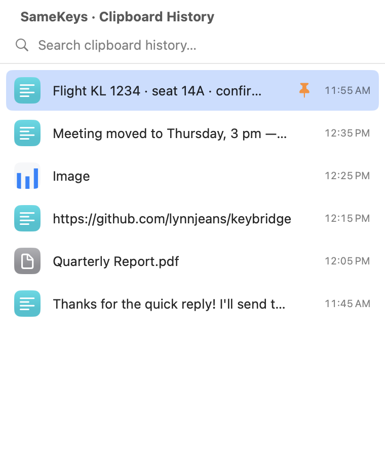 The clipboard history panel: a search field above recent copies – a pinned note, an email line, an image, a link, a PDF file and a text snippet – each with the time it was copied.