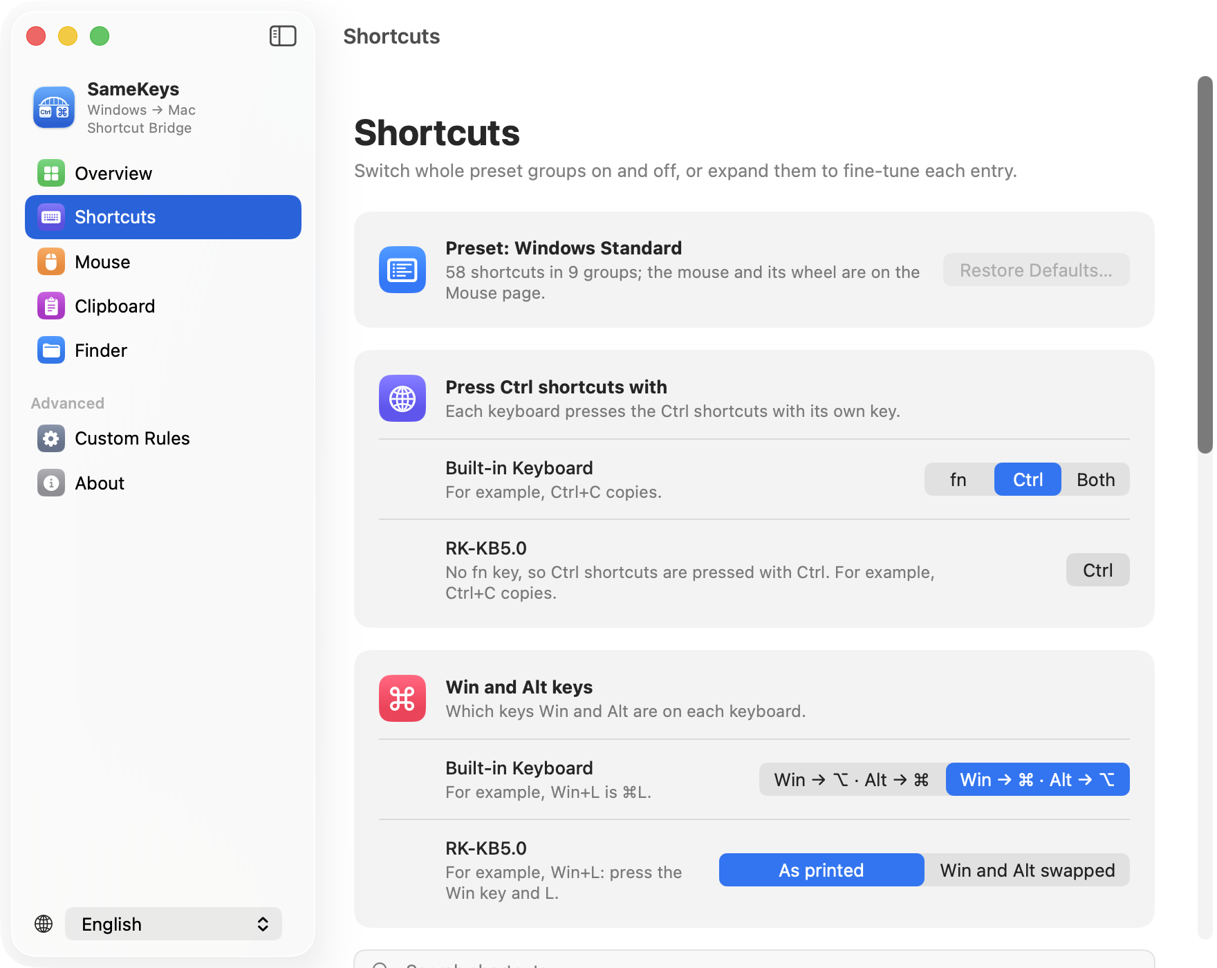 SameKeys’s Shortcuts page: the Windows Standard preset with 58 shortcuts in 9 groups, the choice of fn, Ctrl or both for Ctrl shortcuts, the choice of which Mac keys stand in for Win and Alt, and the Editing and Text Navigation groups, each with its own switch.